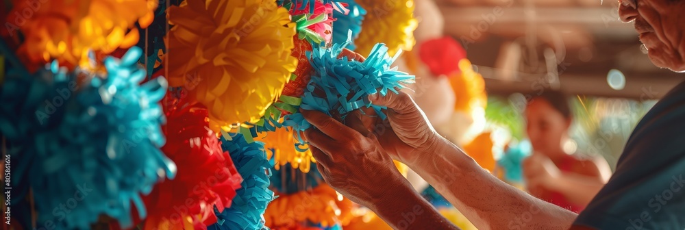 Poster artisan shapes colorful piñata under a bright workshop light, hands in focus, empty space for text