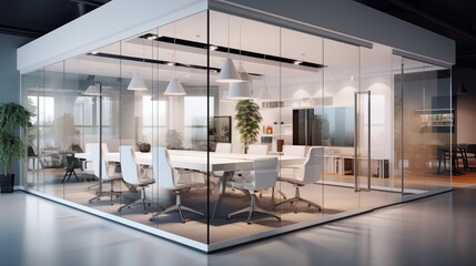 Sleek modern office with glass partition and stylish white floor for contemporary workspace.