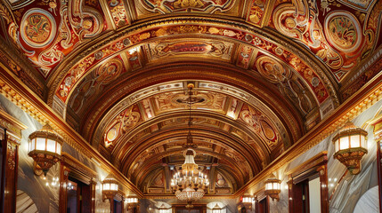 A grand office ceiling displaying Mughal artistry, with detailed frescoes in rich hues of red and gold, perfectly lit by antique-style lanterns.