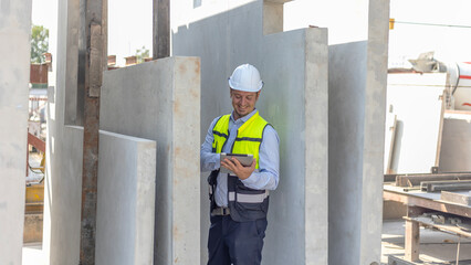 Male engineer checks quality of readymade floor or wall in a factory. Technician with safety hat stands next to a pile of concrete walls.