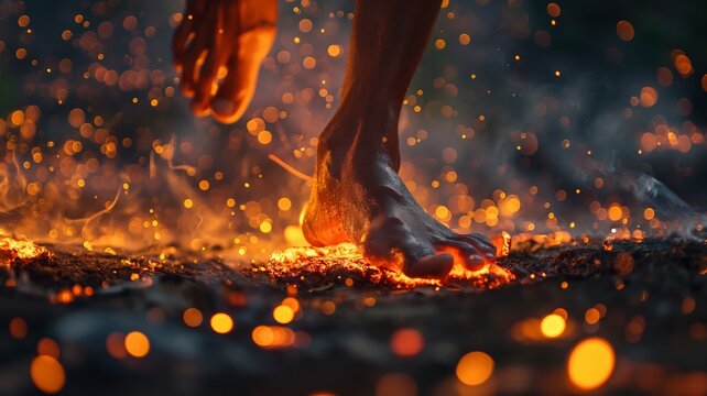 barefoot villager crosses glowing embers in ancient fire-walking ritual, night illumination 