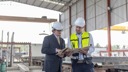 Two civil engineers checking information from file and tablet for quality control in a precast or readymade floor factory. Business men exchange views on floor production in a construction plant