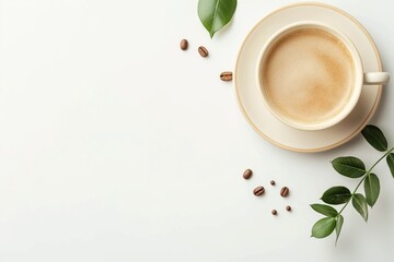 Freshly brewed coffee in a white cup with green leaves on white background
