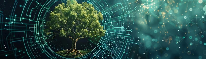 Engage with the growing tree in cyberspace, symbolizing ecological IT development in a futuristic science research banner, sharpen banner template with copy space on center