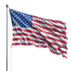 Obraz premium An American flag waving in the wind, isolated on a white background. Suitable for national holidays, events, and patriotic themes.