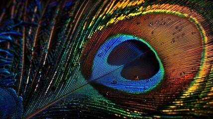 Obraz premium close-up of a colorful peacock feather, detailed texture, isolated on black background 