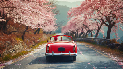 classic convertible drives down open road, cherry blossoms fall like snow, freedom theme 