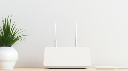 Contemporary home setup with a sleek white WiFi router on a clean desk, minimalist interior with a focus on connectivity