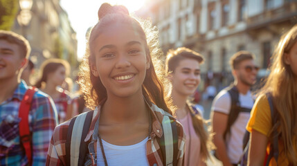 Multiethnic group of teenagers walking on a sunny street