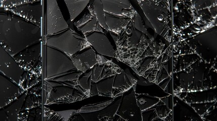 cracked smartphone screen isolated on a black background, technology failure 