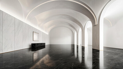 Fototapeta premium Sleek black marble floor in a modern gallery with a minimalist white vaulted ceiling.