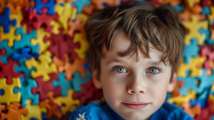 Young boy with bright eyes lies on a colorful autism awareness puzzle pattern