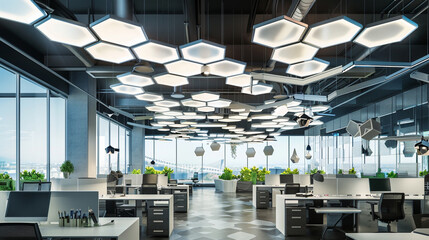 A modern office with a decorative suspended ceiling featuring an array of hanging hexagonal panels, each with a reflective surface to enhance light dispersion. - Powered by Adobe