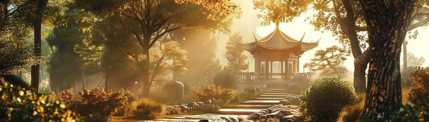 Fototapeta premium Gold corner art reflecting Asian Buddhism temple aesthetics brings a serene and spiritual ambiance to the environment, emphasizing mindfulness and peace, Sharpen art