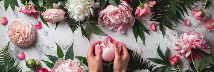 floral wreath-making workshop table, hands arrange peonies and ferns, creative hobby, empty space for text 