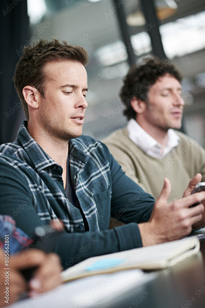 Poster boardroom, phone and men in meeting, text and strategy for business in social media and research. cr