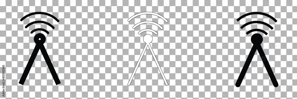 Poster radio tower. radio waves tower. radio for broadcast transmission with line art vector icon for apps 
