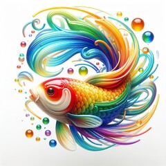 A stunning blown glass sculpture of a playful, Koi fish with seamlessly blended rainbow colors swirling, white background