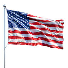 Fototapeta premium An American flag waving in the wind, isolated on a white background. It symbolizes patriotism and national pride, suitable for Independence Day or similar events.