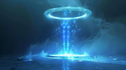Illustration of a blue hologram portal opens a view to advanced technology concepts, enriched by a futuristic aura, Sharpen with copy space