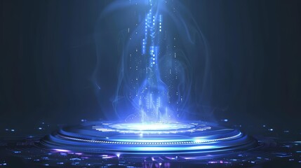 Illustration of a blue hologram portal opens a view to advanced technology concepts, enriched by a futuristic aura, Sharpen with copy space