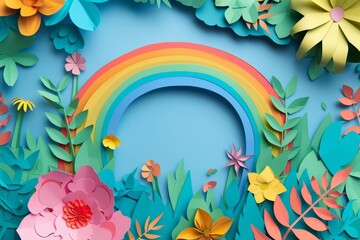Immerse yourself in the joyous atmosphere of a festival with intricate paper art decorations depicting nature and rainbows for International Childrens Day