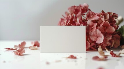 mockup of a white card beside red hydrangea bouquet, soft pastel tones 