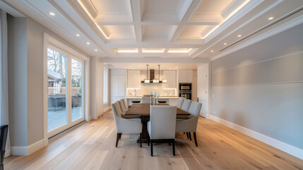 Dining space with light oak floors and an ivory coffered ceiling, softly lit for a warm dining experience.