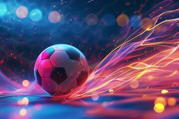 Modern abstract sport background highlights a soccer ball on a neon backdrop, reflecting the energy and pulse of nighttime games, Sharpen banner with space for text