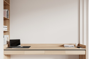 Home interior with workplace, table and shelf with decoration. Mock up wall