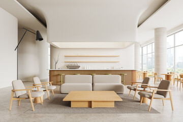 Naklejka premium Cozy cafe interior with sofa and armchairs, bar island and dining zone, window