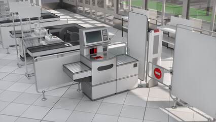 Supermarket interior mockup with self-service cash register, cash counters and view of the city through the window. 3d illustration