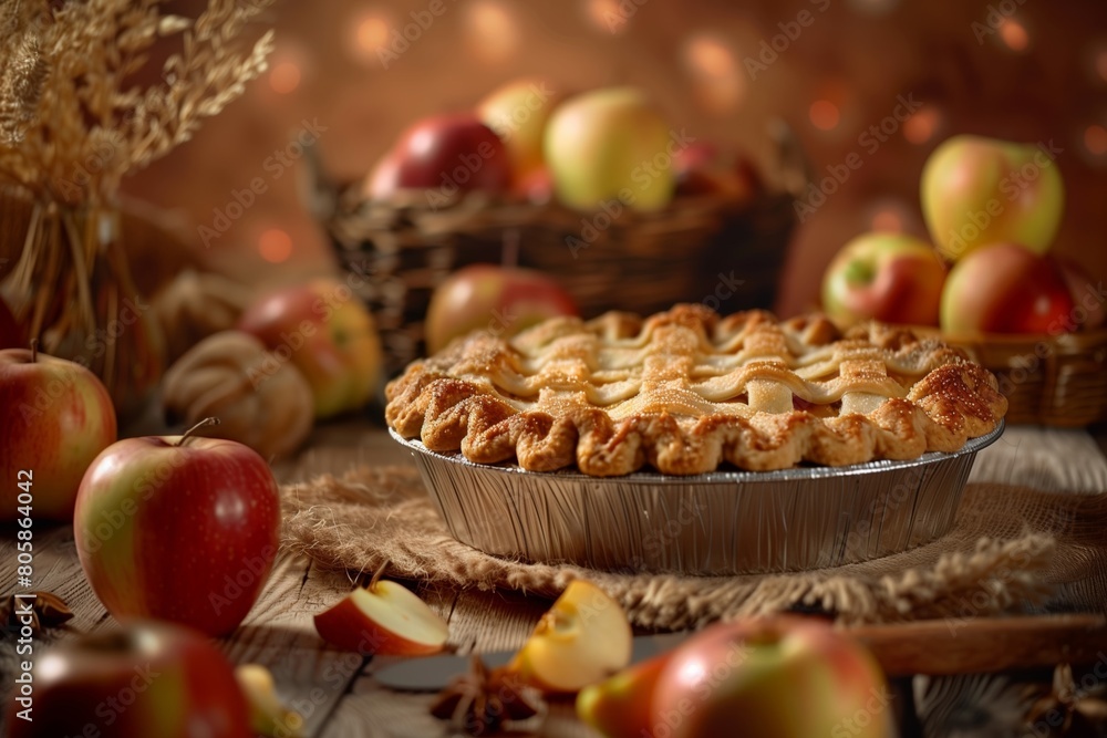 Poster rustic apple pie and fresh apples isolated on a brown gradient background