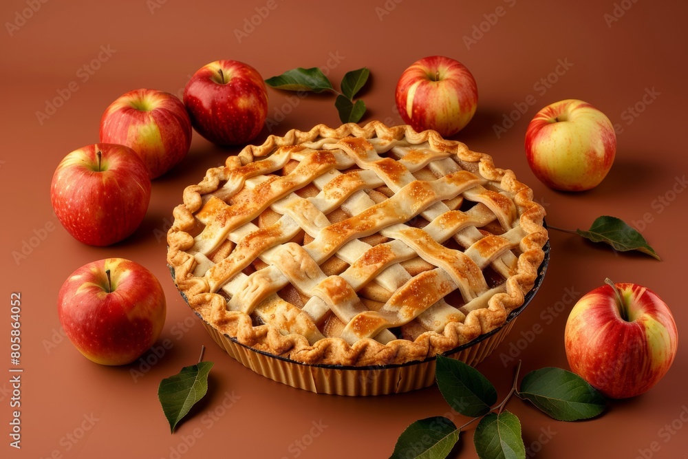 Poster rustic apple pie and fresh apples isolated on a brown gradient background