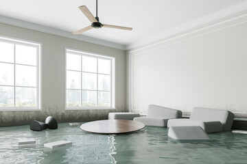 A flooded modern living room interior with furniture partially submerged in water, against an urban backdrop through large windows, concept of home damage. 3D Rendering