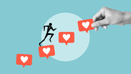 Influencer or social media manager climbs ladder made from number of likes. Social network popularity market plan concept
