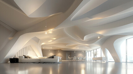 Futuristic living area with a sculpted white stretch ceiling and strategically placed halogen spots.