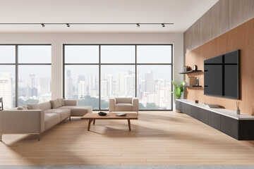 Modern home living room interior with soft place and tv screen, panoramic window