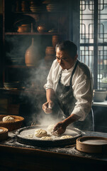 Fototapeta na wymiar Portrait of a Chinese cook making bao. Traditional Chinese cuisine