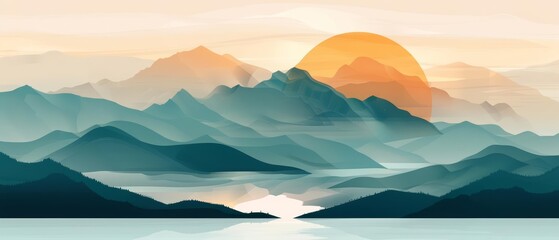 The background features an abstract art landscape, where minimalistic mountains meet a vibrant ocean sea, all unified under this clear and distinct illustration art template
