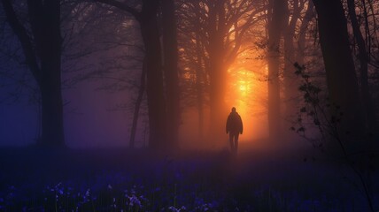 silhouetted figure walks through misty bluebell woods at dawn, magical spring morning 