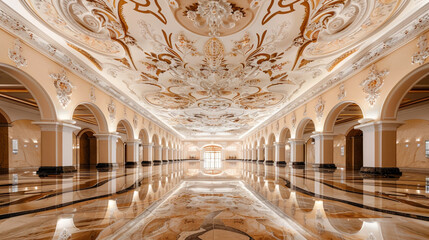 Hotel entrance showcasing a detailed gypsum ceiling and reflective floors.