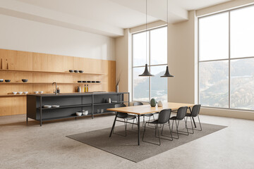 Modern kitchen interior design with wooden furniture and dining area, large windows with mountain view, on a daylight backdrop, concept of a luxury home. 3D Rendering