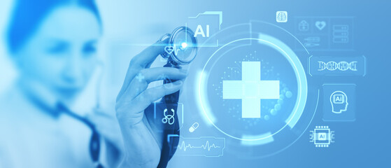 A conceptual image combining healthcare with AI, showing a medic