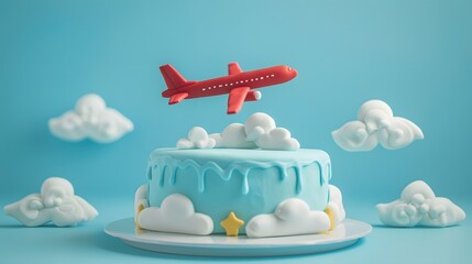 a cake decorated with fondant clouds and a fondant airplane soaring above, ready to take flight into a sky-blue frosting