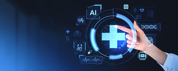 A person interacts with futuristic healthcare technology interface, digital graphics on a dark background, concept of AI in medicine