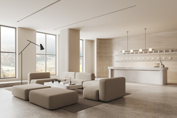 Stylish lobby interior with sofa and reception desk in beauty shop, window