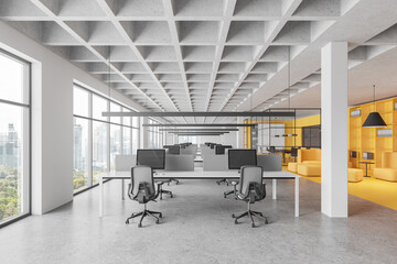 Stylish office interior with coworking and relaxing zone, panoramic window