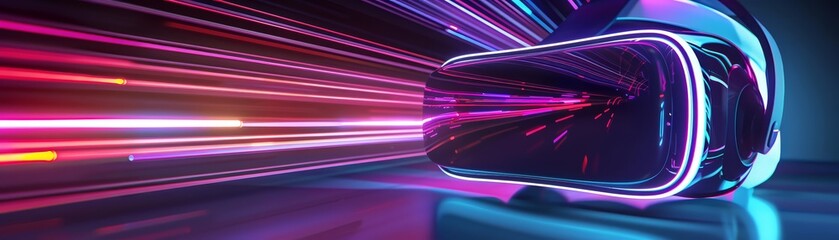 This CGI futuristic virtual reality simulator design depicts an abstract scene with highspeed neon moving lines, blending modernity and imagination, Sharpen with copy space
