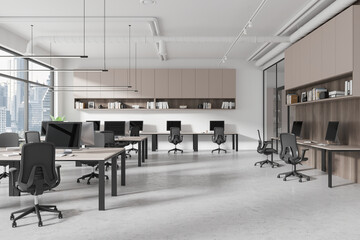 Office business interior with coworking space and shelf with panoramic window